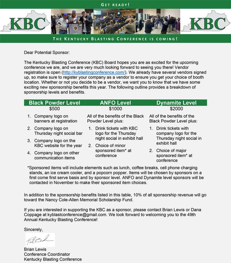 2023 Kentucky Blasting Conference Sponsorship Letter